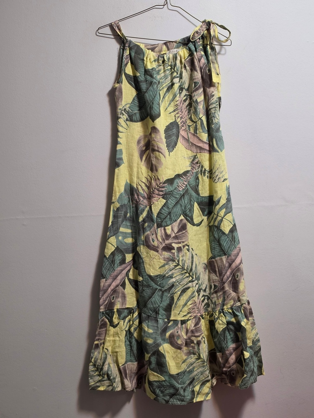 100% Linen Yellow Tropical Leaf Tie-Strap Maxi Dress